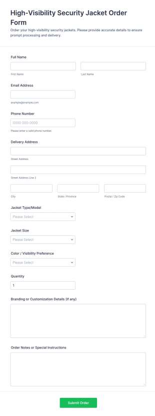 High Visibility Security Jacket Order Form Template