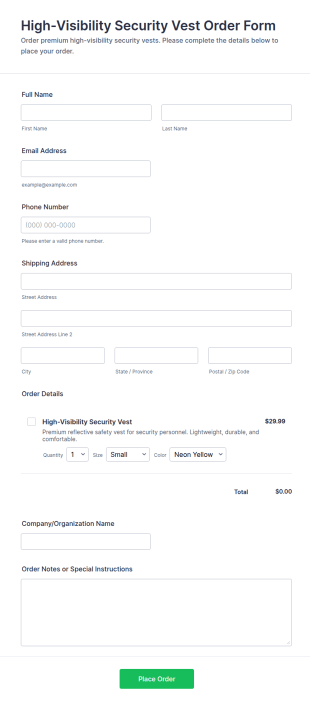 High Visibility Security Vest Order Form Template