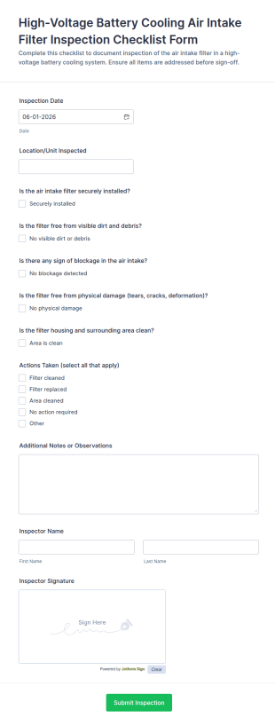 High Voltage Battery Cooling Air Intake Filter Inspection Checklist Form Template