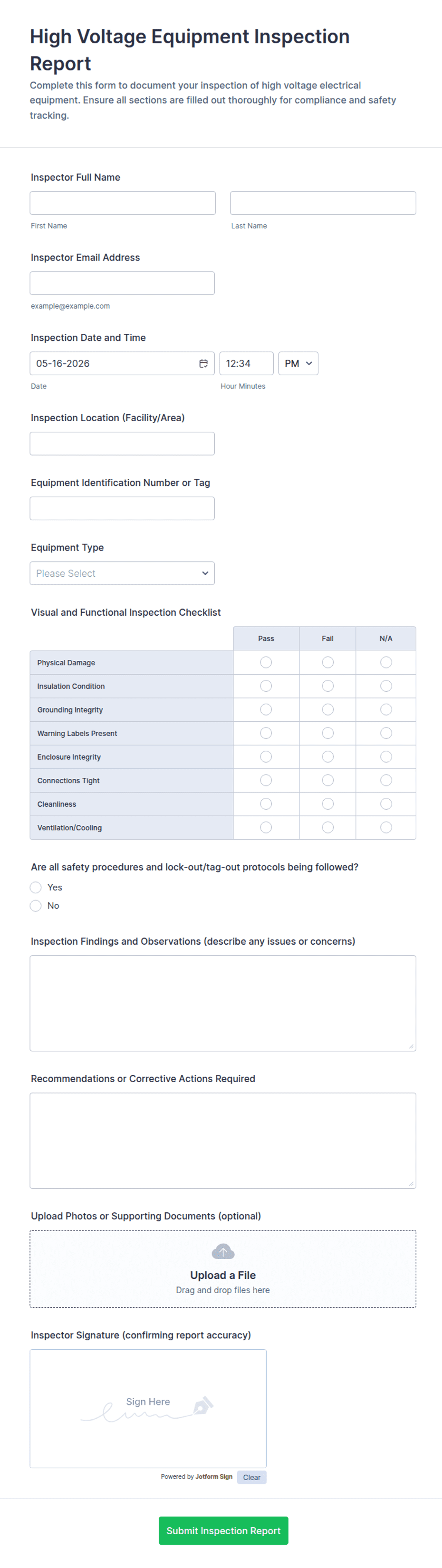 Machine Insection Report High Voltage Equipment Inspection Report Form Template | Jotform