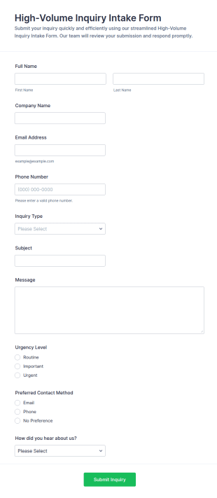 High Volume Inquiry Intake Form Template