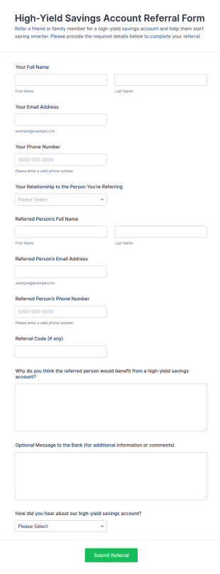 High Yield Savings Account Referral Form Template