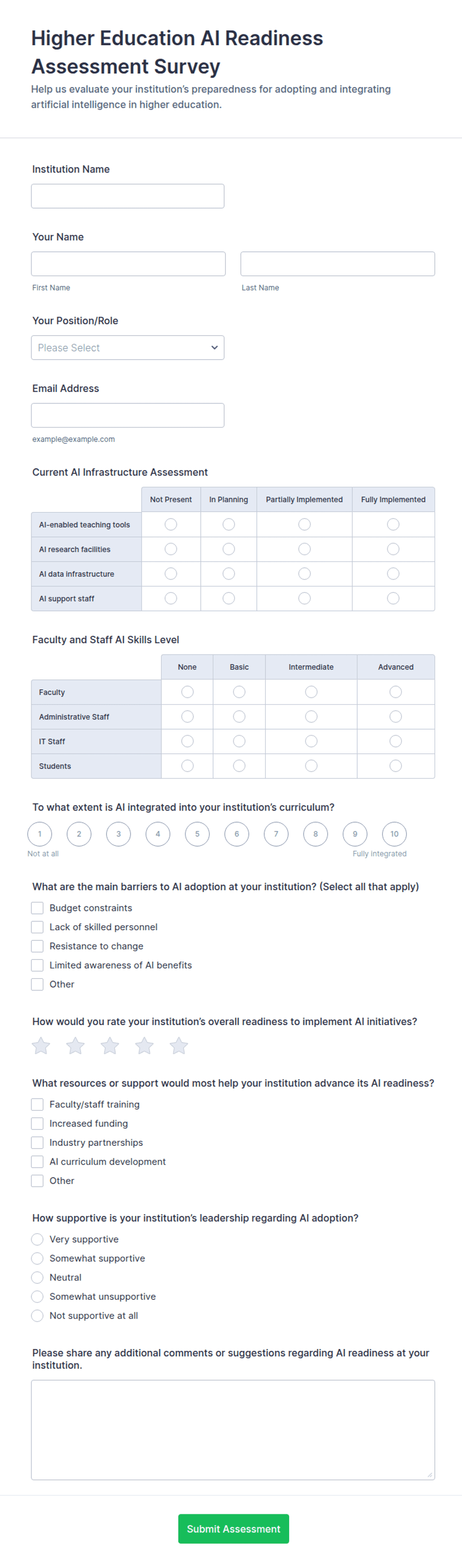 Higher Education AI Readiness Assessment Survey Form Template | Jotform