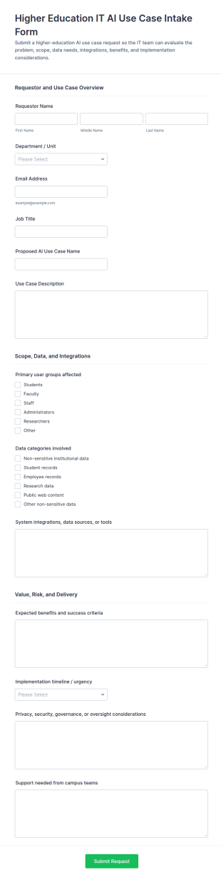 Higher Education IT AI Use Case Intake Form Template