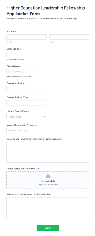 Higher Education Leadership Fellowship Application Form Form Template