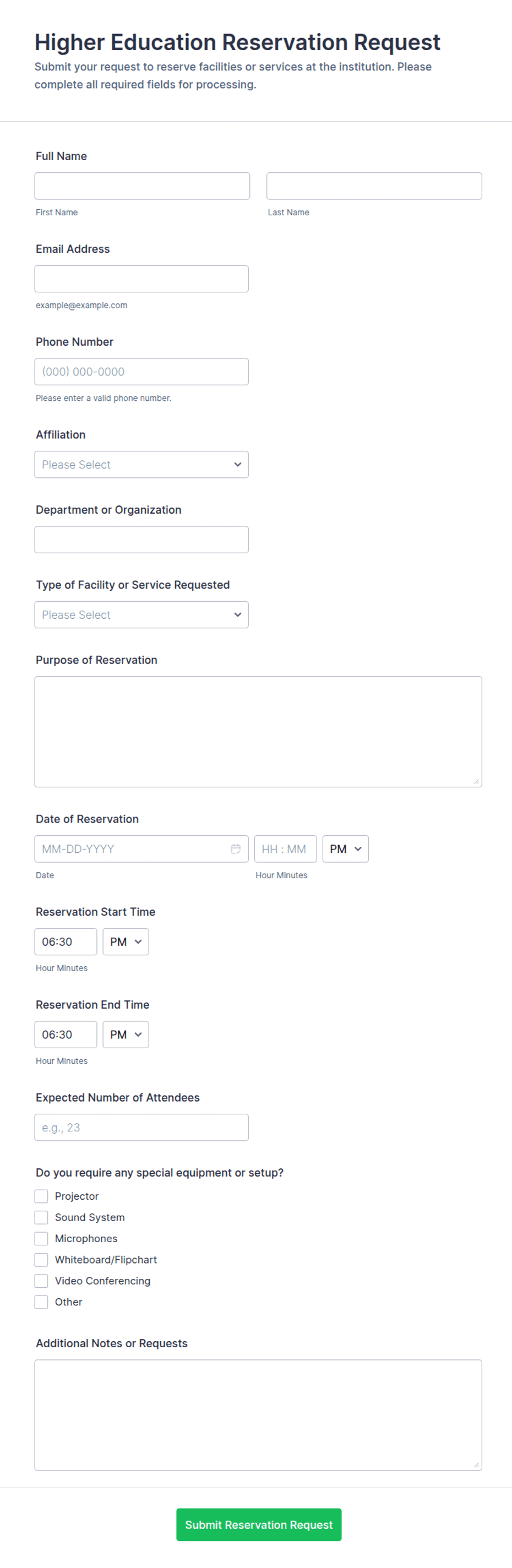 Higher Education Reservation Request Form Template | Jotform