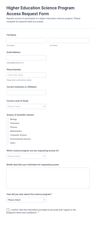 Higher Education Science Program Access Request Form Template