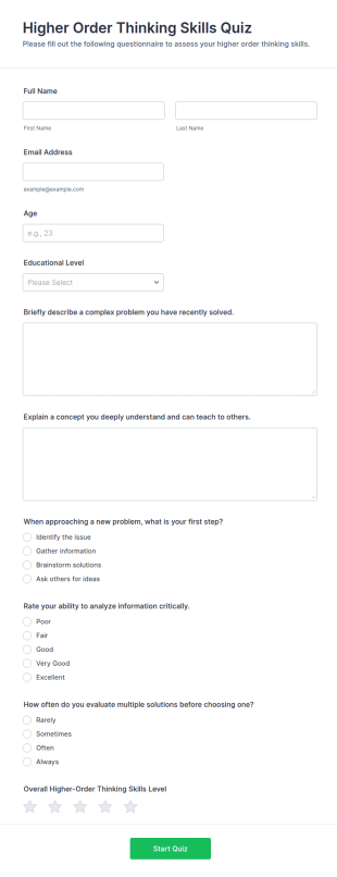Higher Order Thinking Skills Quiz Form Template
