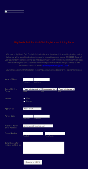 Highlands Football Club Pre Tryout Club Registration Form Template