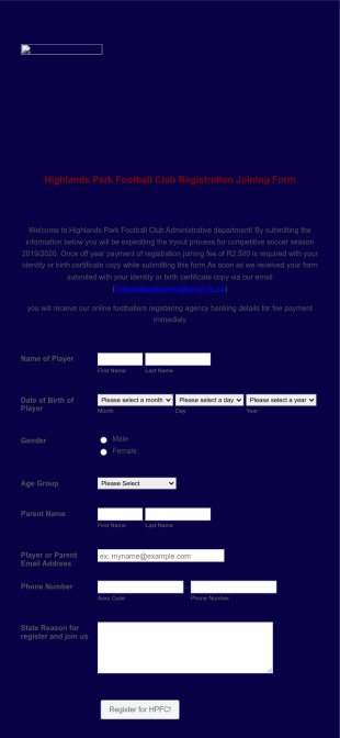 Highlands Football Club Pre Tryout Club Registration Form Template