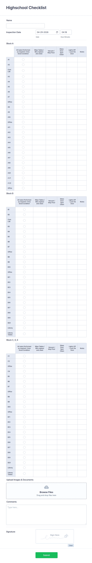 Highschool Cleaning Checklist Form Template