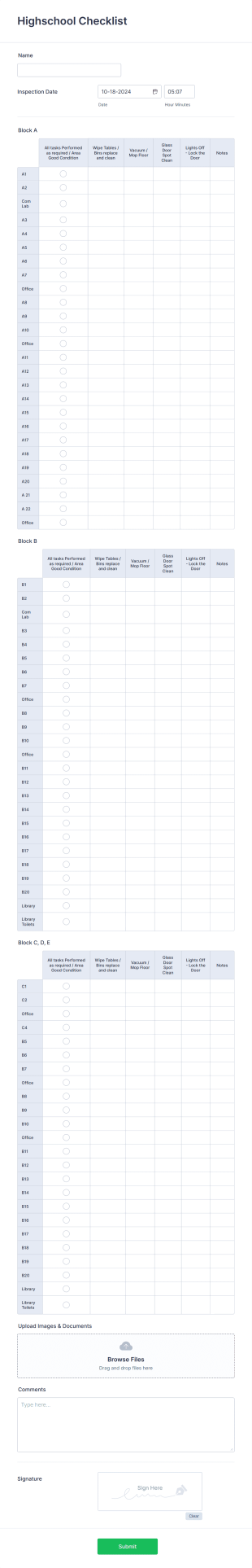 Highschool Cleaning Checklist Form Template
