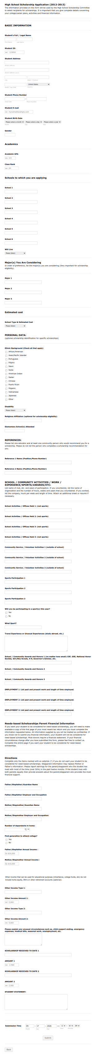 High School Scholarship Application Form 2012 2013