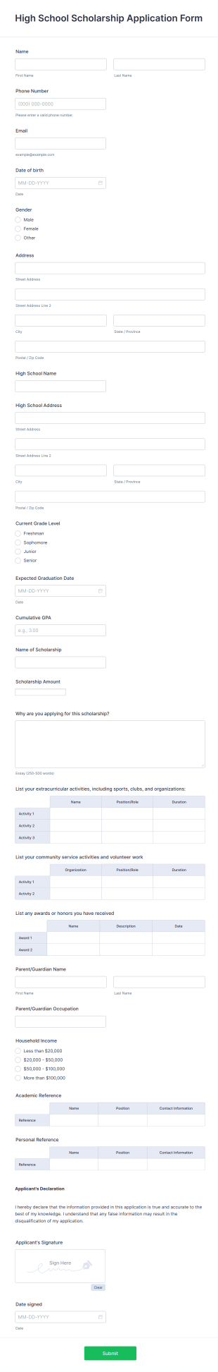 High School Scholarship Application Form Template