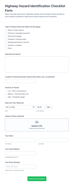 Highway Hazard Identification Checklist Form Template