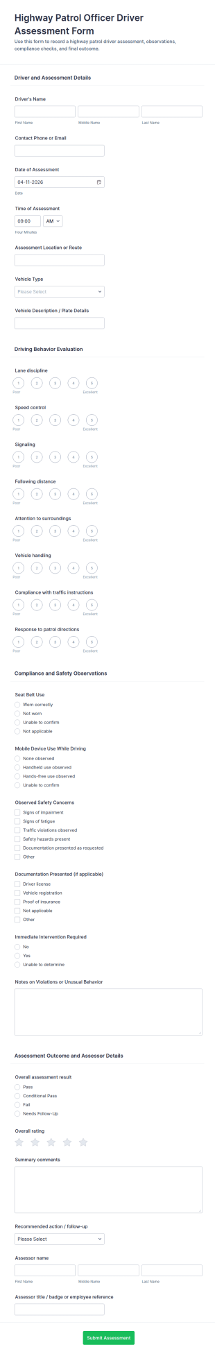 Highway Patrol Officer Driver Assessment Form Template
