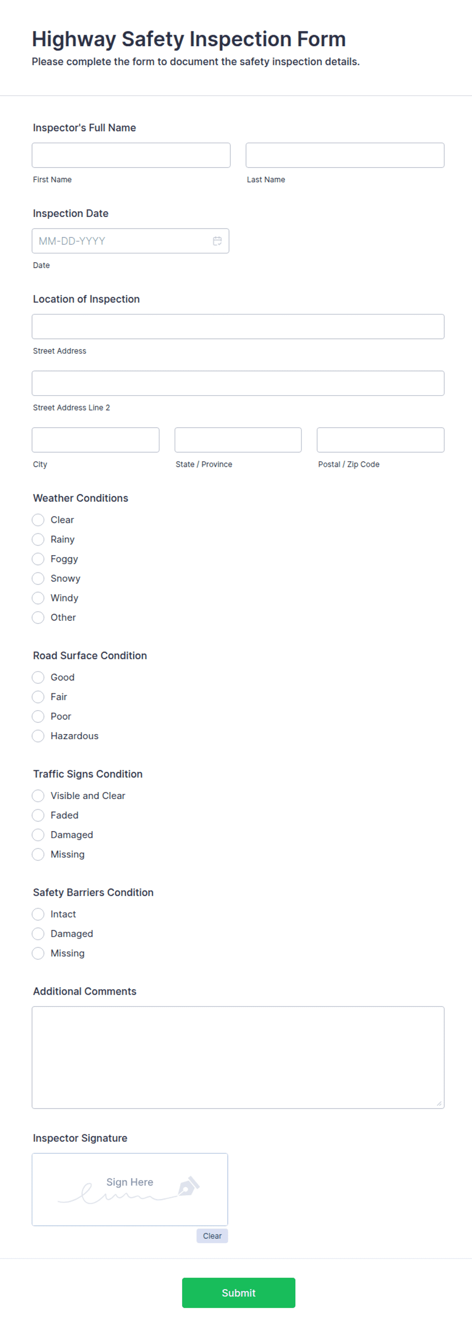 Highways Inspection Checklist Highway Safety Inspection Form Template | Jotform
