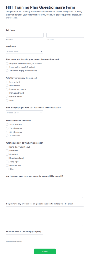 HIIT Training Plan Questionnaire Form Template