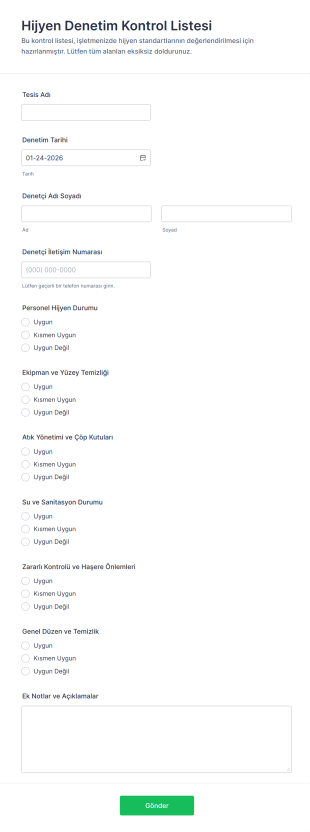 Hijyen Denetim Kontrol Listesi Form Şablonu