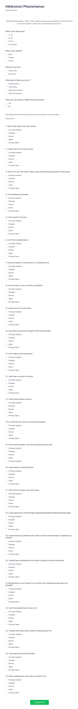 Social Isolation Survey Form Template