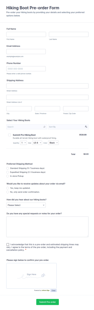 Hiking Boot Pre Order Form Template
