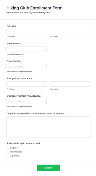 Hiking Club Enrollment Form Template