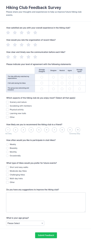 Hiking Club Feedback Survey Form Template