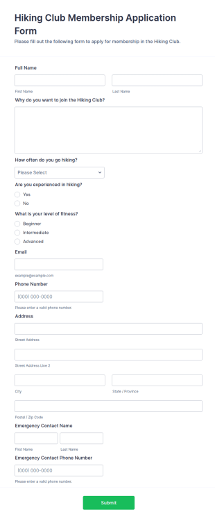 Hiking Club Membership Application Form Template