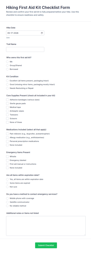 Hiking First Aid Kit Checklist Form Template