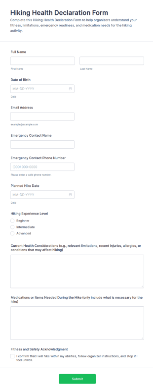 Hiking Health Declaration Form Template