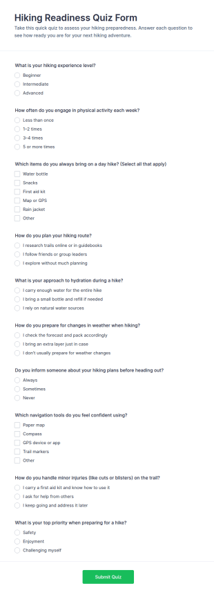 Hiking Readiness Quiz Form Template