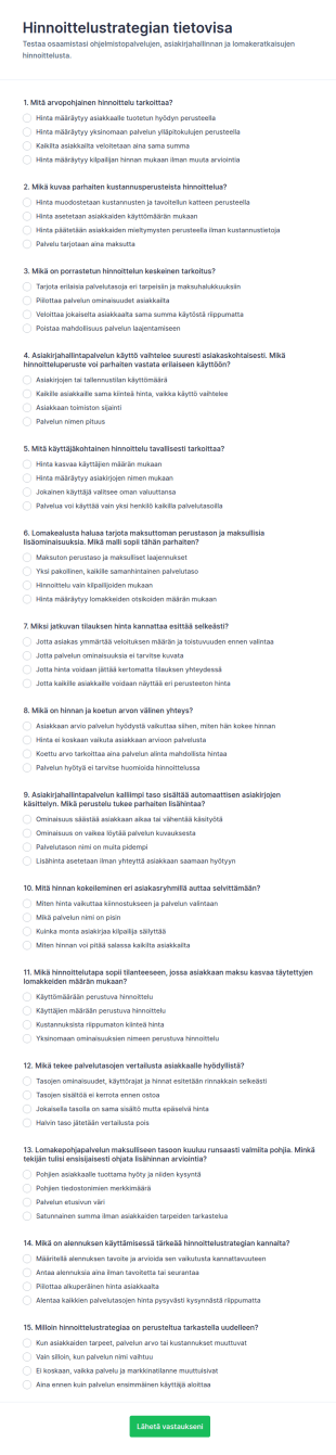 Hinnoittelustrategian Tietokilpailu