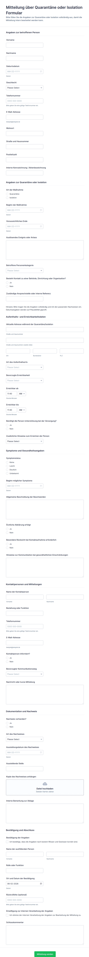 Hinweis Auf Quarantäne Oder Isolationsmeldung Formular