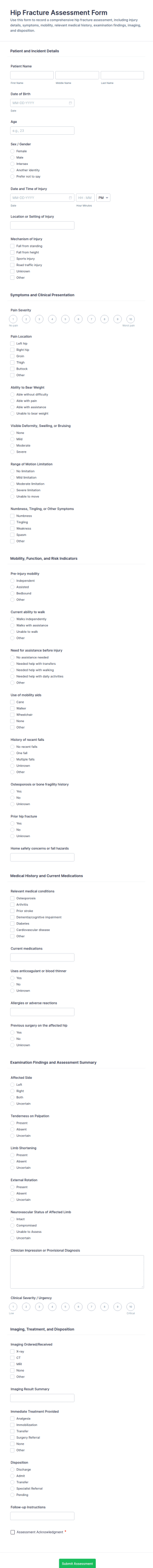 Hip Fracture Assessment Form Template