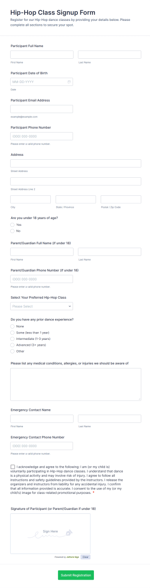 Hip Hop Class Signup Form Template