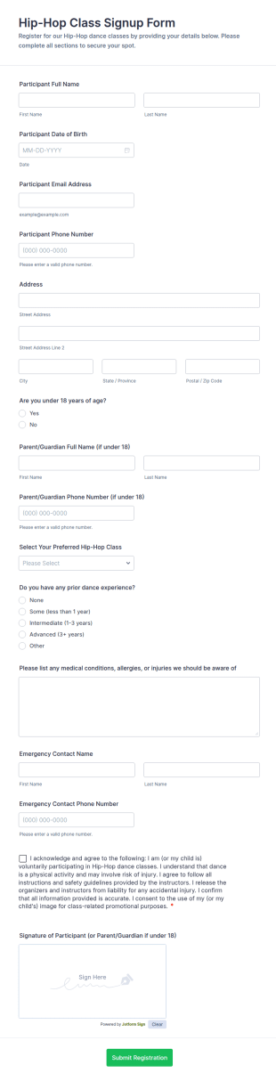 Hip Hop Class Signup Form Template