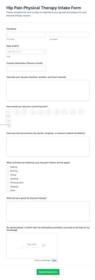 Hip Pain Physical Therapy Intake Form Template