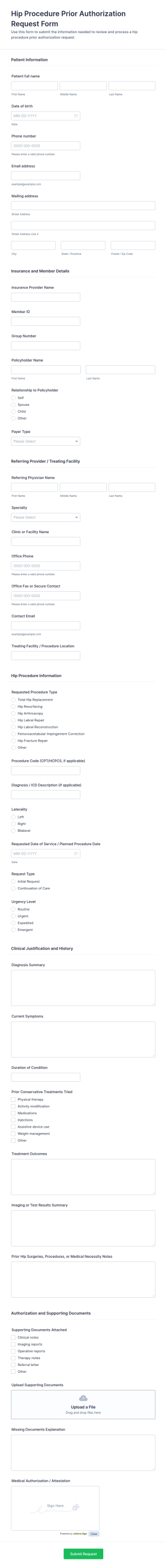 Hip Procedure Prior Authorization Request Form Template
