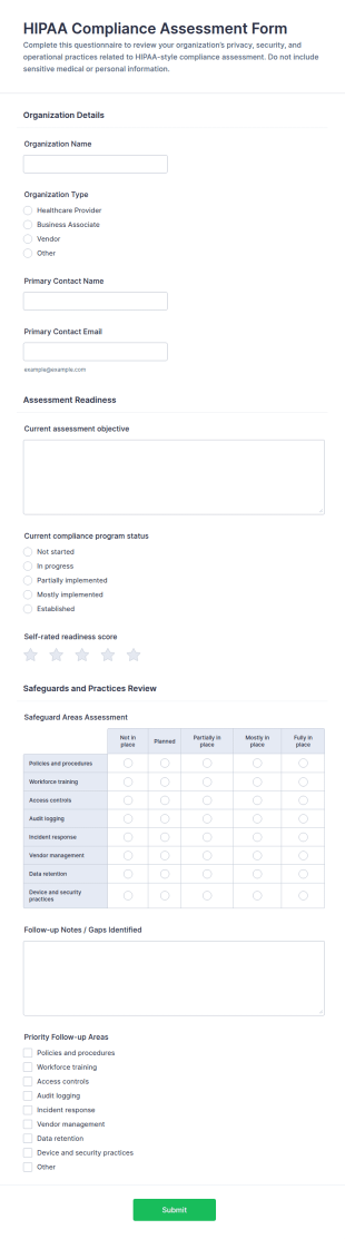HIPAA Compliance Assessment Questionnaire Form Template