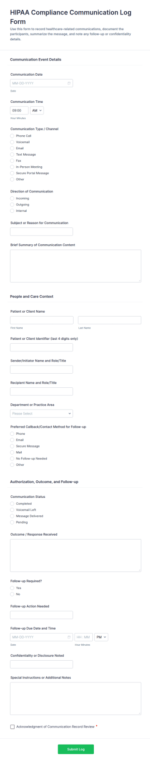 HIPAA Compliance Communication Log Form Template