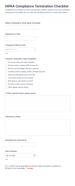 HIPAA Compliance Termination Checklist Form Template