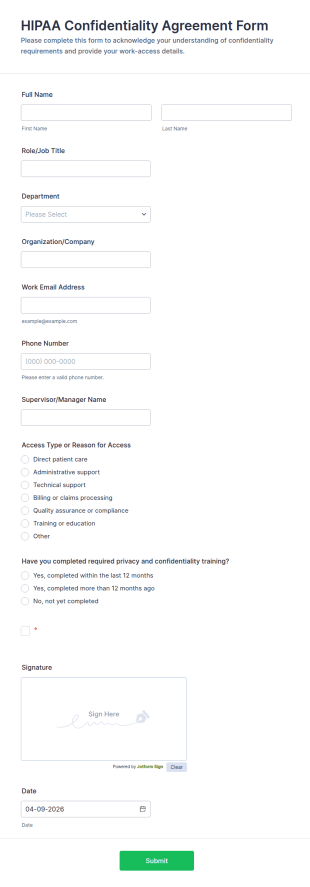 HIPAA Confidentiality Agreement Form Template