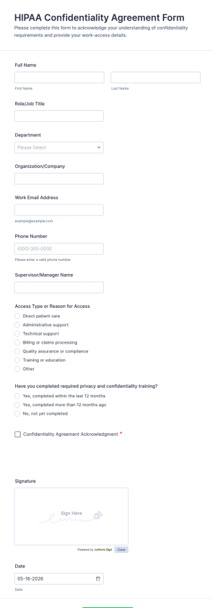 HIPAA Confidentiality Agreement Form Template