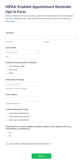 HIPAA Enabled Appointment Reminder Opt In Form Template