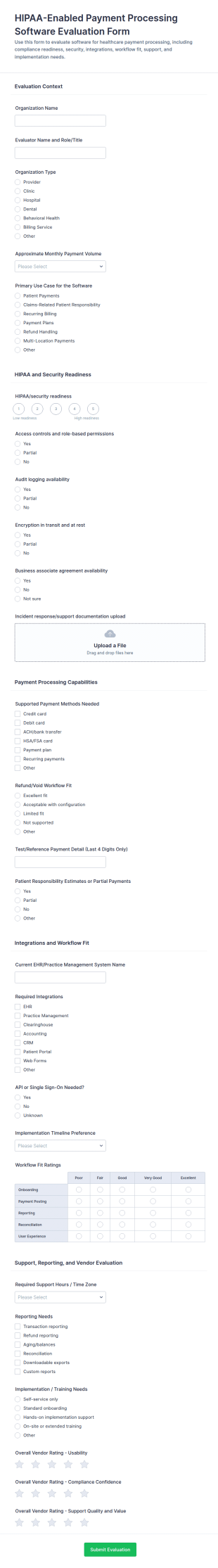 HIPAA Enabled Payment Processing Software Evaluation Form Template