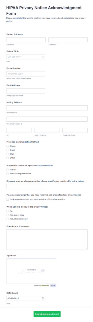 HIPAA Privacy Notice Acknowledgment Form Template