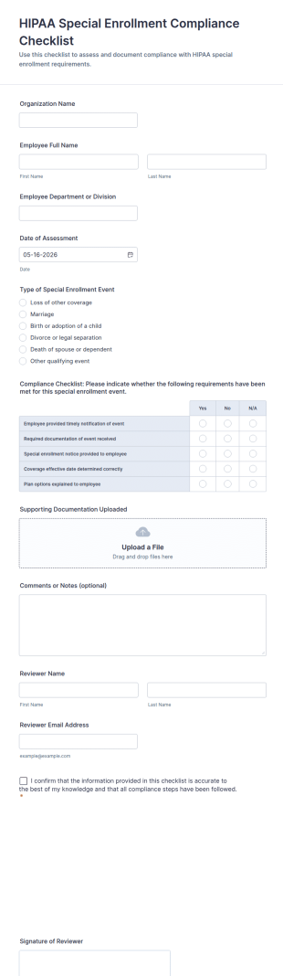 HIPAA Special Enrollment Compliance Checklist Form Template