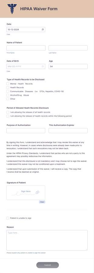 HIPAA Waiver Form Template