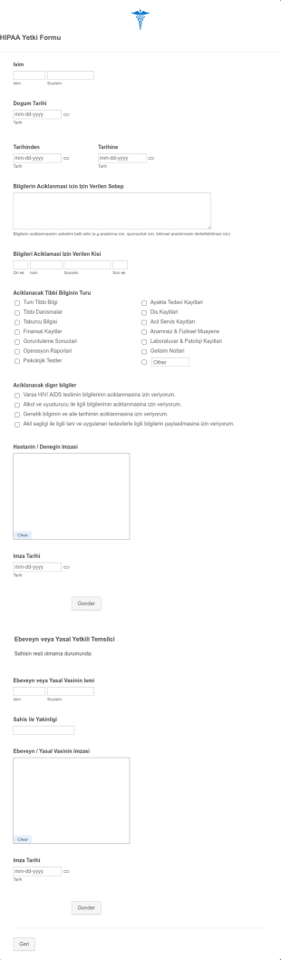 HIPAA Yetki Form Şablonu