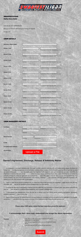 Hiphop Dance Registration Form Template